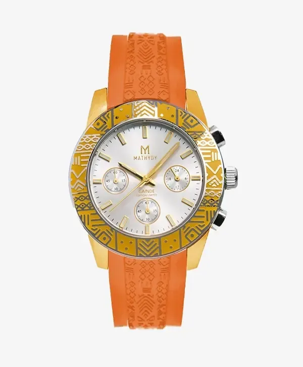 Waramuso — chrono orange, lunette dorée gravée Gaïndé