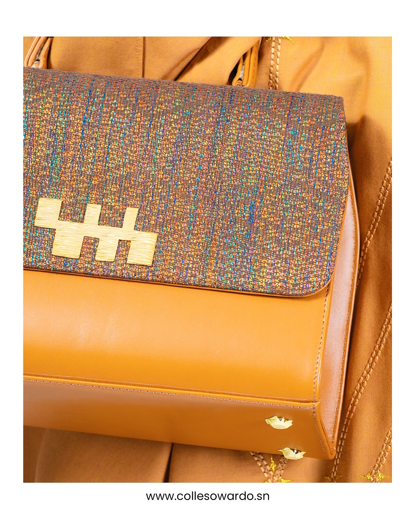 Sac cuir camel à rabat lurex signature