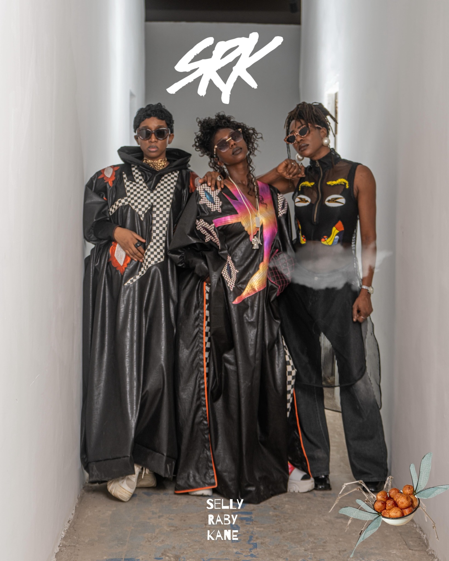 Trio SRK — boubous de cuir noir à patchworks damier et top mesh signature.