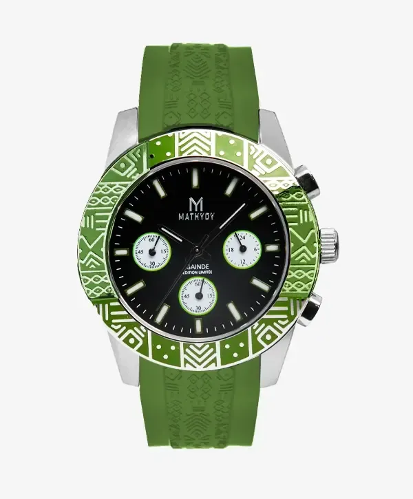 Gaïndé Vert — chronographe, lunette motifs bogolan