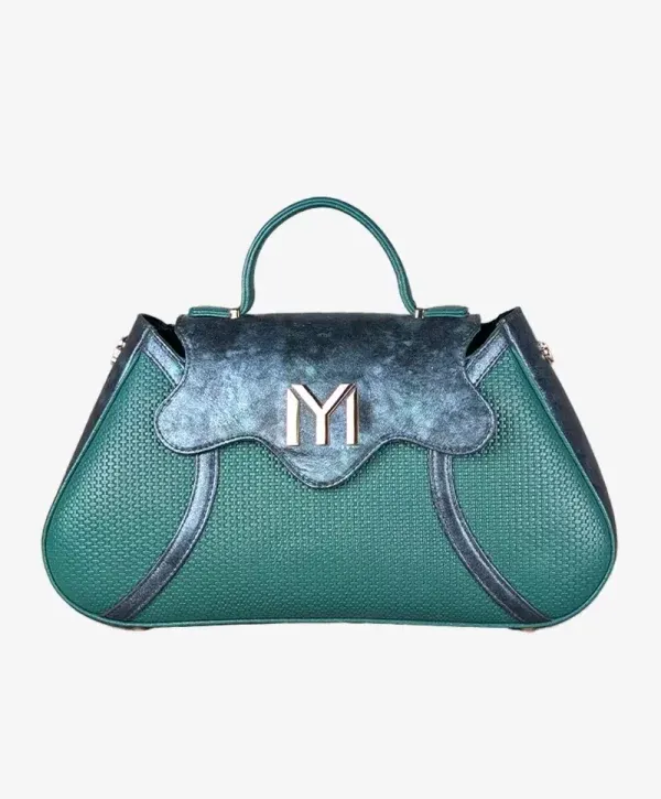 New Bag émeraude tressée, rabat velours bleu nuit