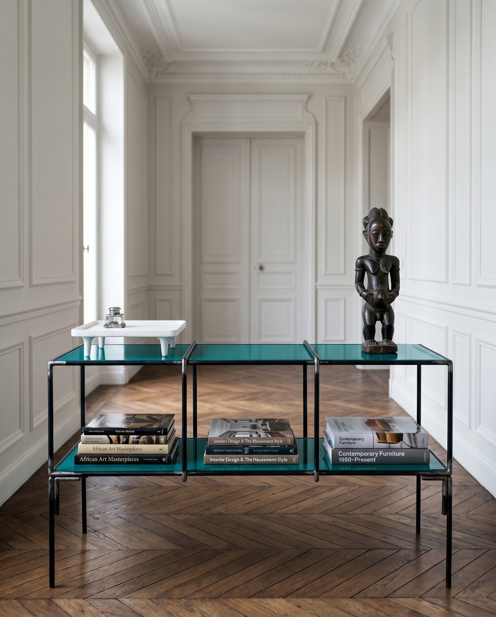 Console modulaire verre turquoise et acier — Paris