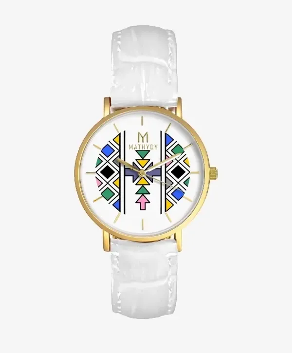 Malaïka — cadran motifs Ndebele, bracelet cuir blanc