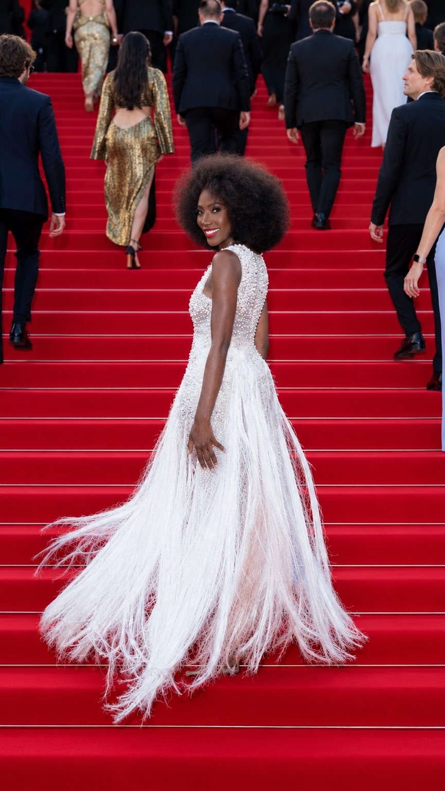Robe couture à plumes — tapis rouge de Cannes