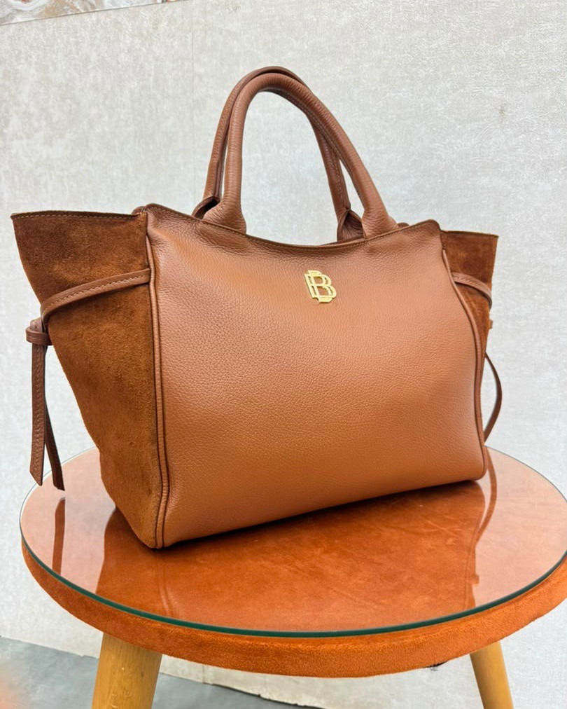 Sac camel cuir grainé & suédine, monogramme B