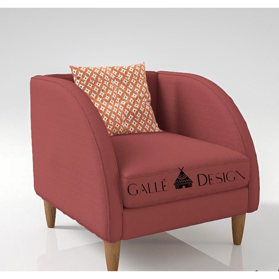 Fauteuil club terracotta, coussin géométrique