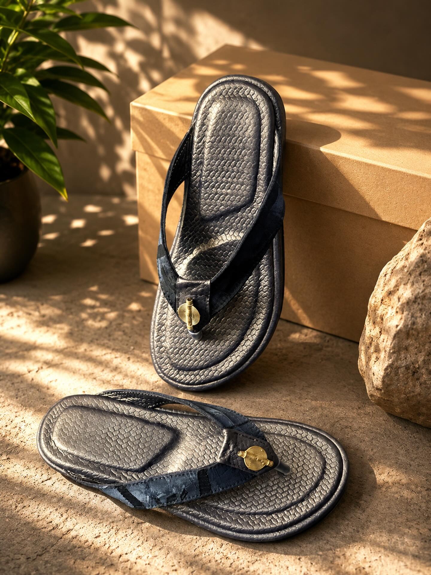 Tongs en cuir façon python, médaillon filigrane doré.