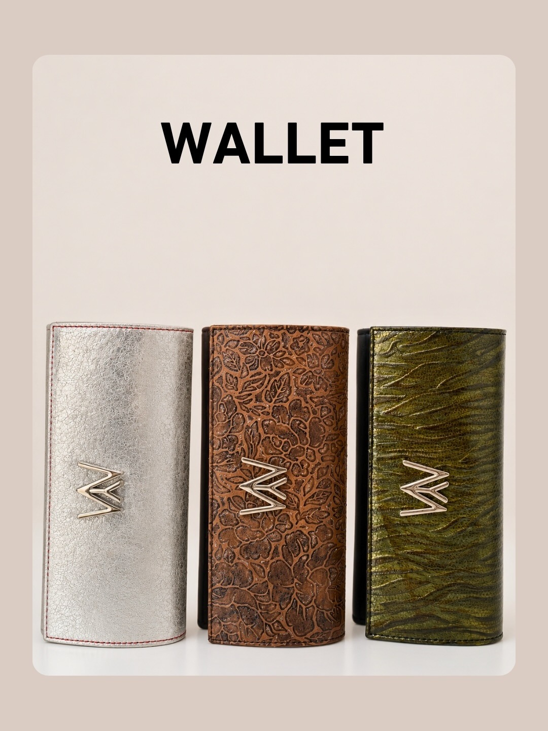 Wallet — trio argent craquelé, floral tabac, tigré vert olive