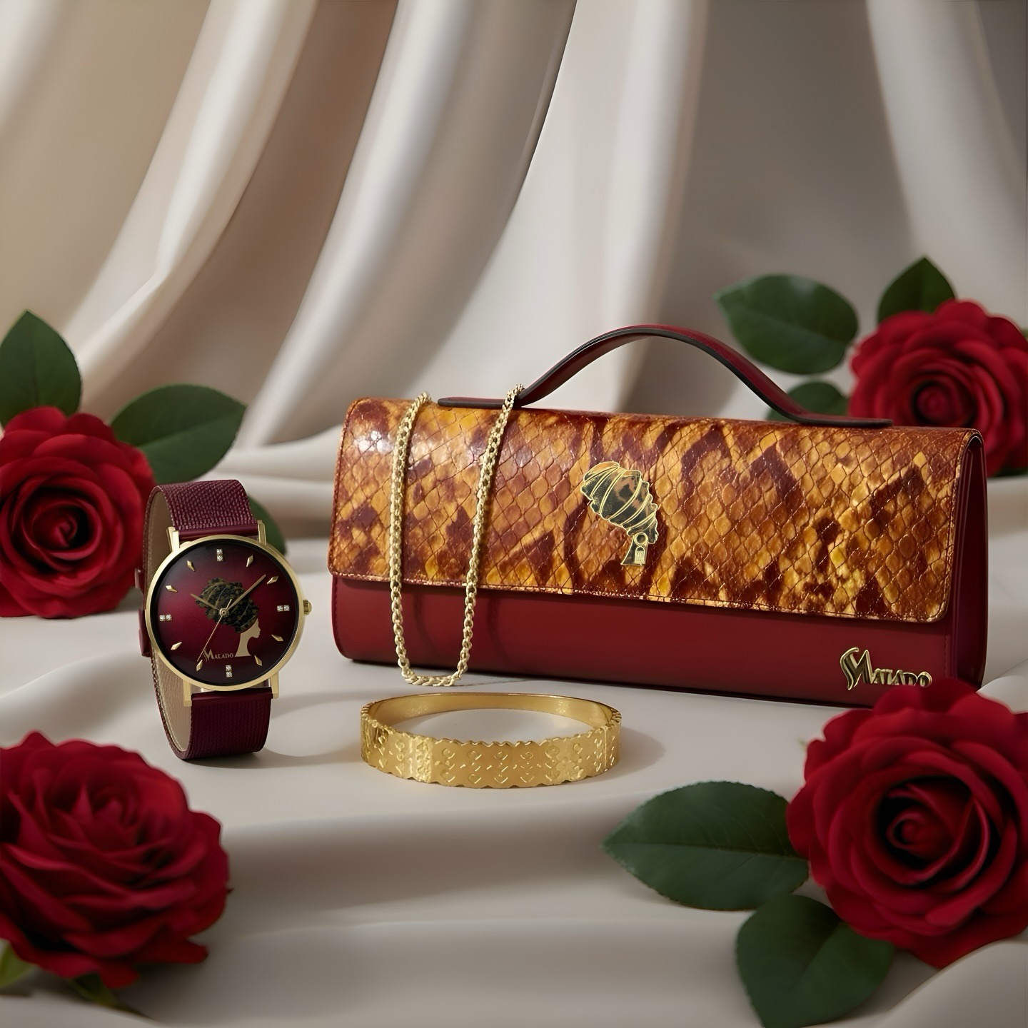 Écrin Rose Rouge — Baguette python & montre bordeaux