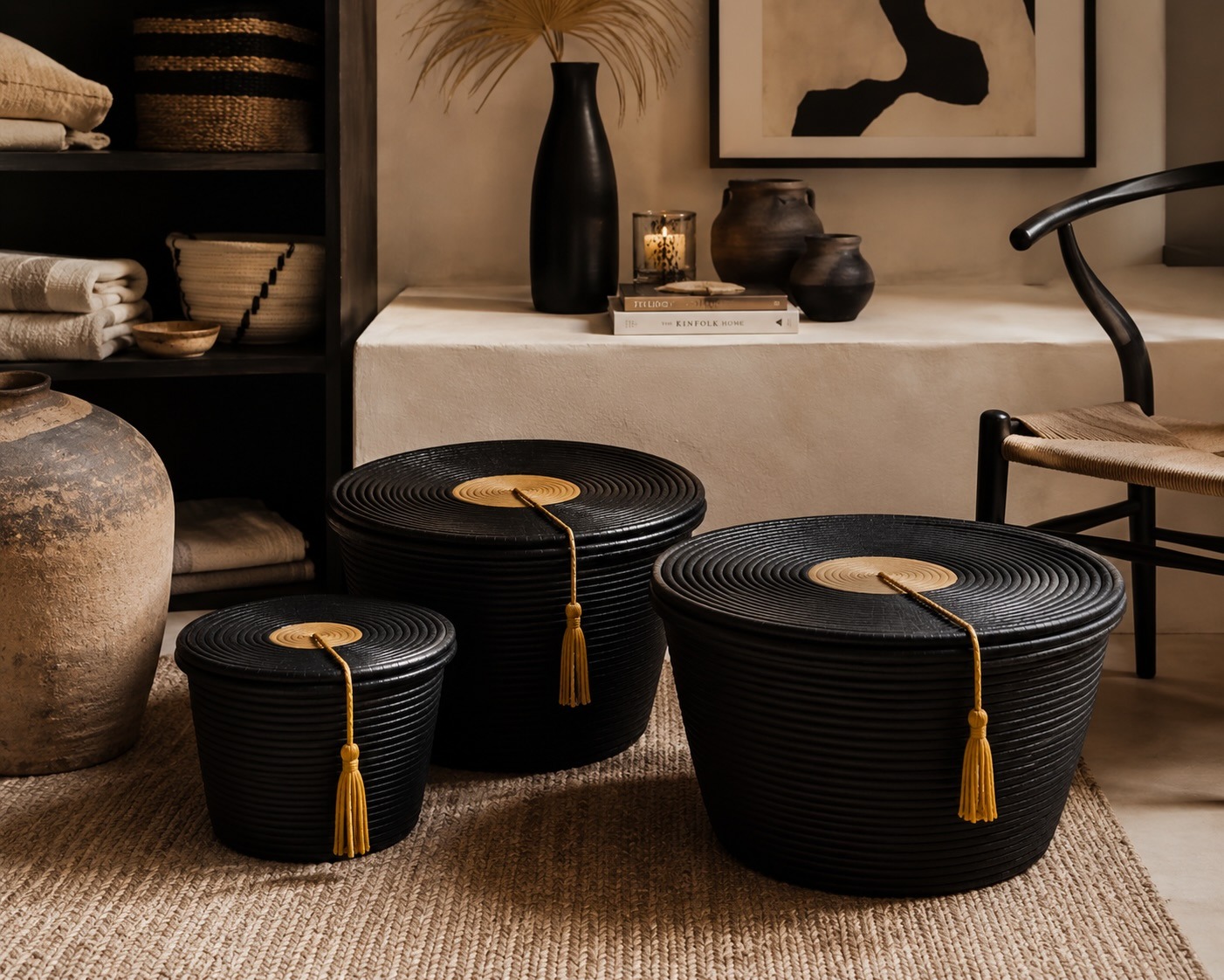 Trio de coffres noirs à couvercle et pompons safran