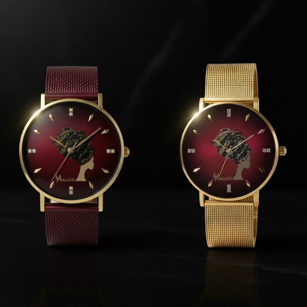 Duo Bordeaux — Cadran rubis, bracelets cuir et maille