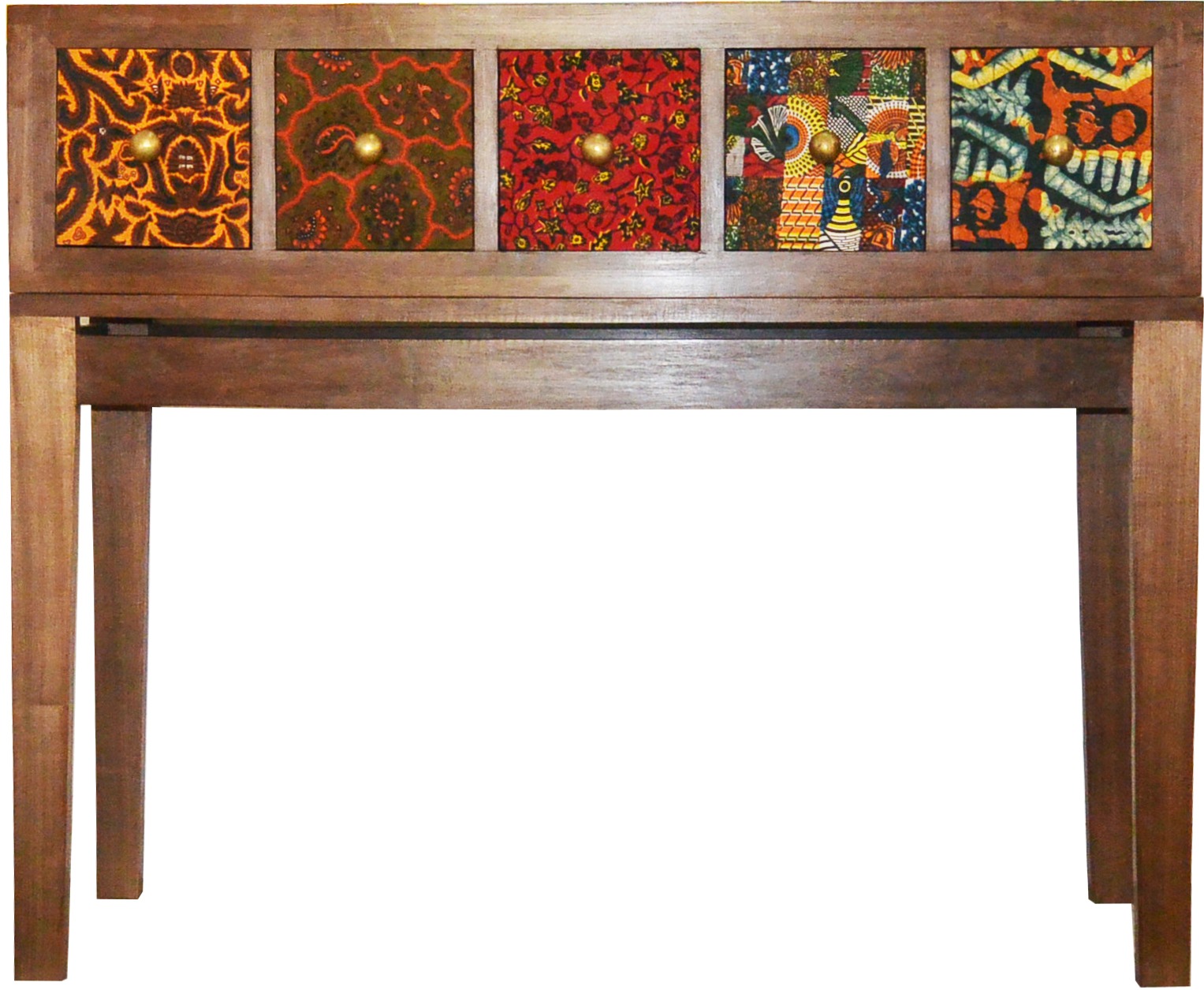 Console Ngali : cinq tiroirs habillés de wax, cadre en bois massif, boutons laiton.