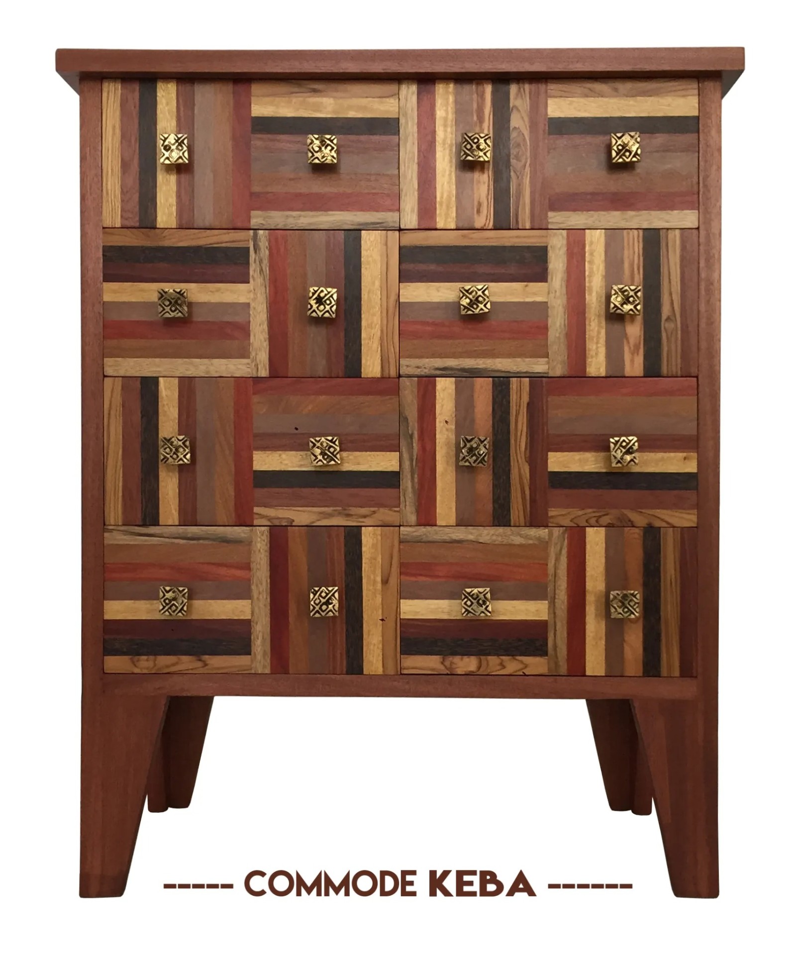 Commode Kéba : marqueterie de bois locaux — vène, teck, palissandre — assemblée à la main.
