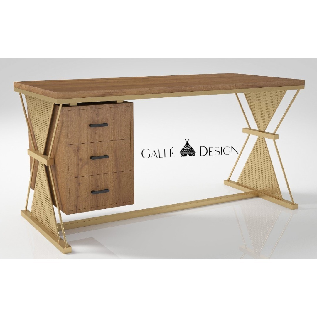 Bureau bois et laiton, piètement en croix