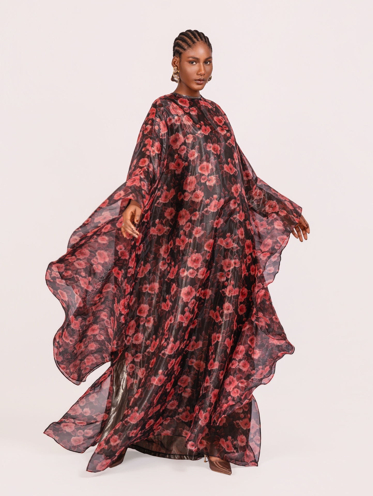 Robe organza noire fleurie rouge