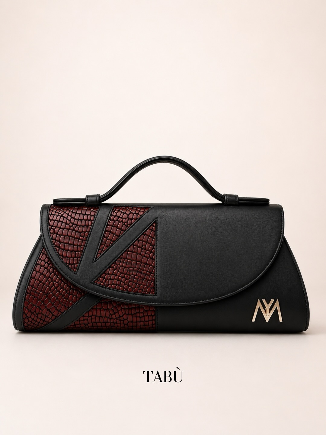 Tabù noir — cuir & incrustations croco bordeaux, boucle M dorée