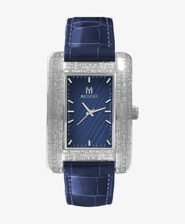 KMT — cadran bleu guilloché, boîtier argent, bracelet croco marine