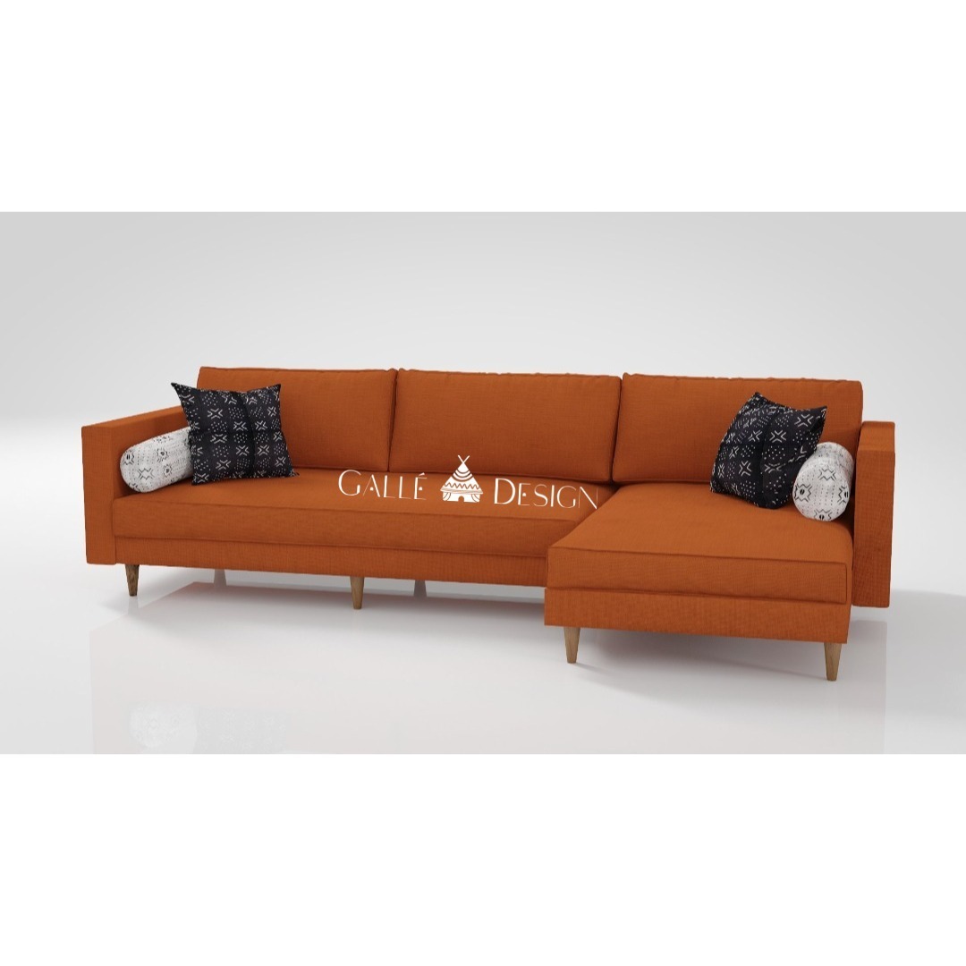 Canapé d'angle terracotta, coussins wax