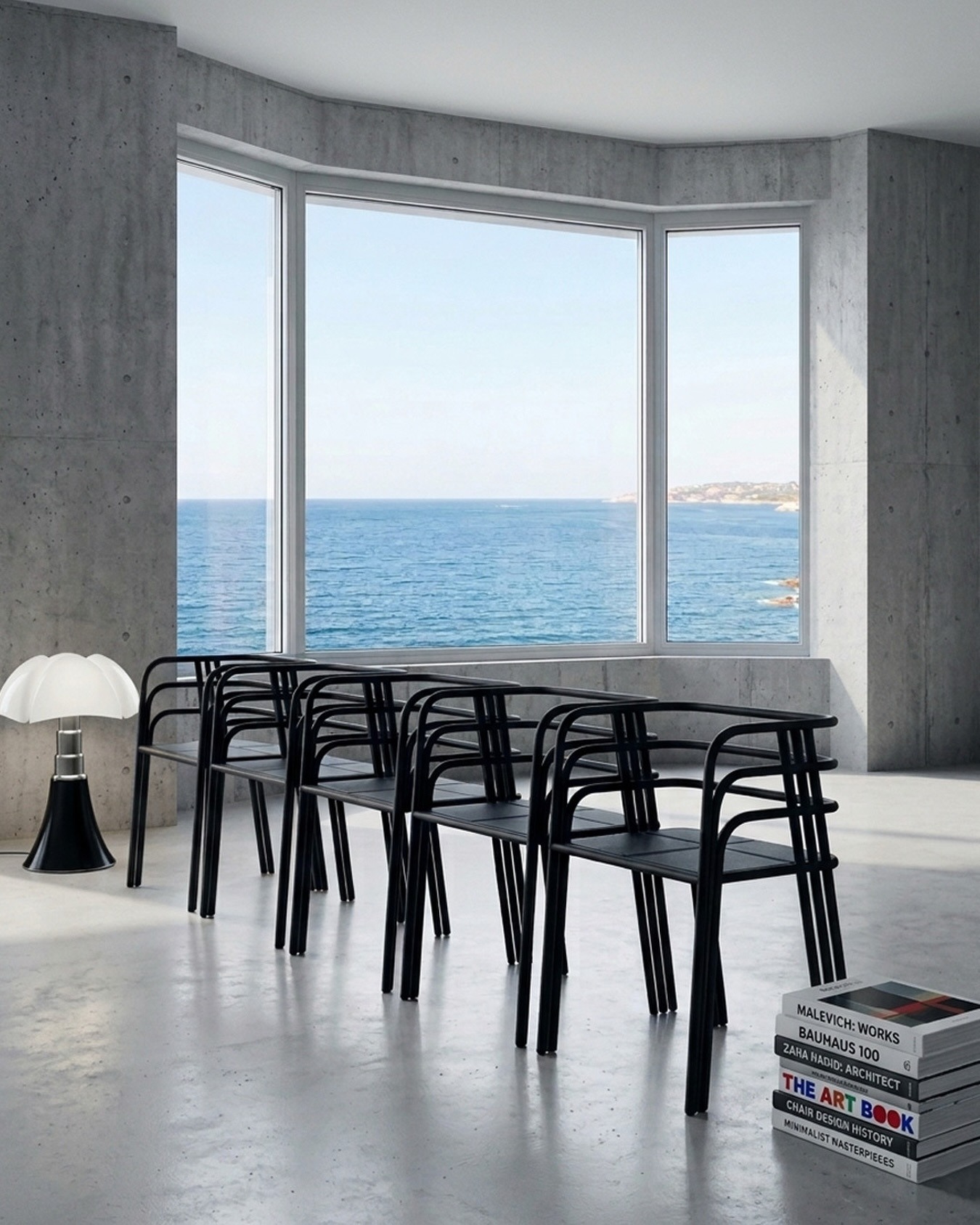 Alignement de chaises tubulaires noires devant la baie vitrée