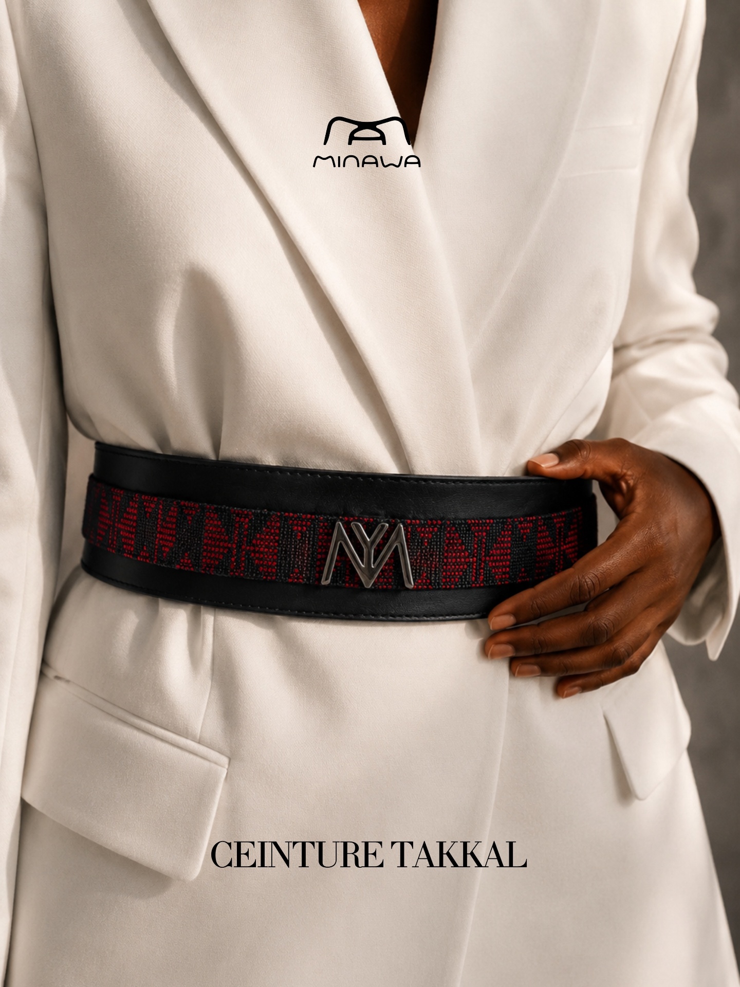 Ceinture Takkal — cuir noir & tissage rouge, boucle M