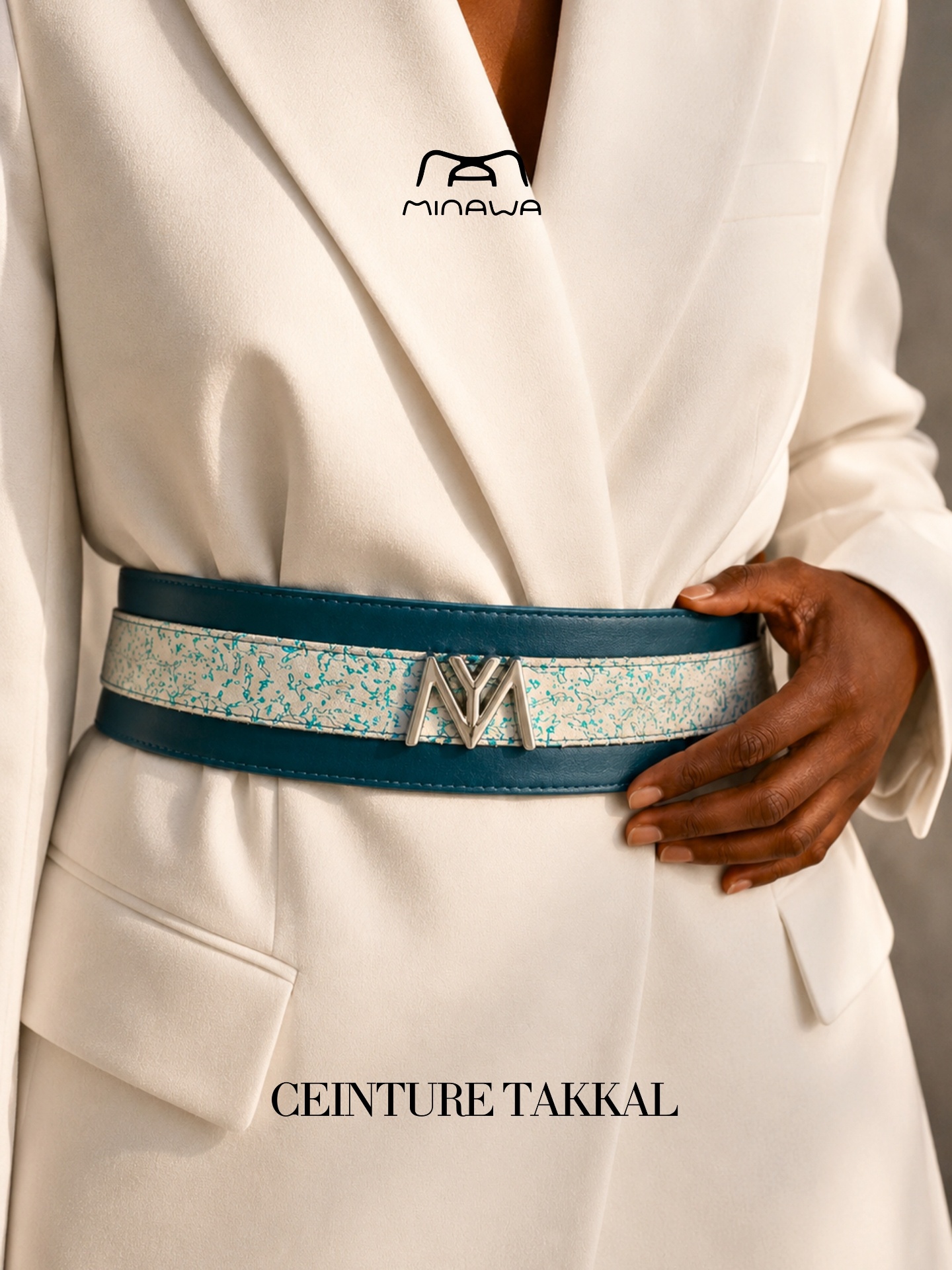 Ceinture Takkal — cuir bleu canard & imprimé turquoise
