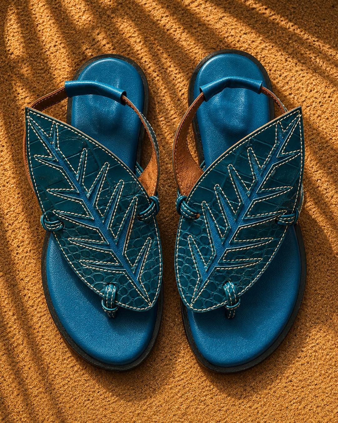 Sandales feuille — cuir bleu paon sur sable de Dakar.