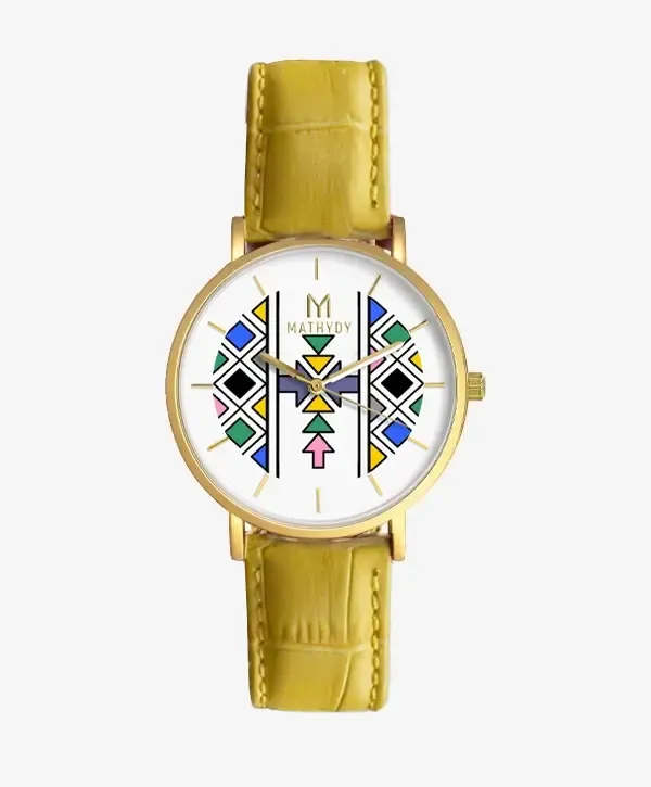 Malaïka — bracelet cuir jaune, cadran motifs Ndebele