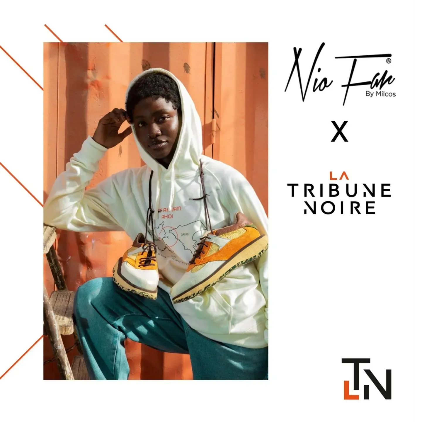 Collaboration Nio Far x La Tribune Noire — hoodie et sneakers safran