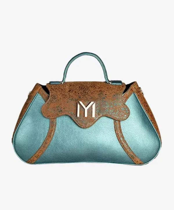 New Bag turquoise métallisé & cuir craquelé cognac