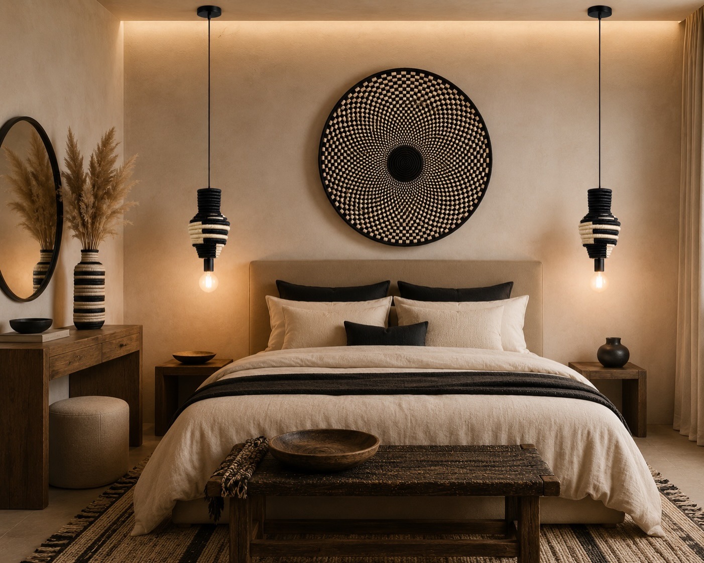 Chambre nuit chaude — mandala damier et pendants noirs & écrus
