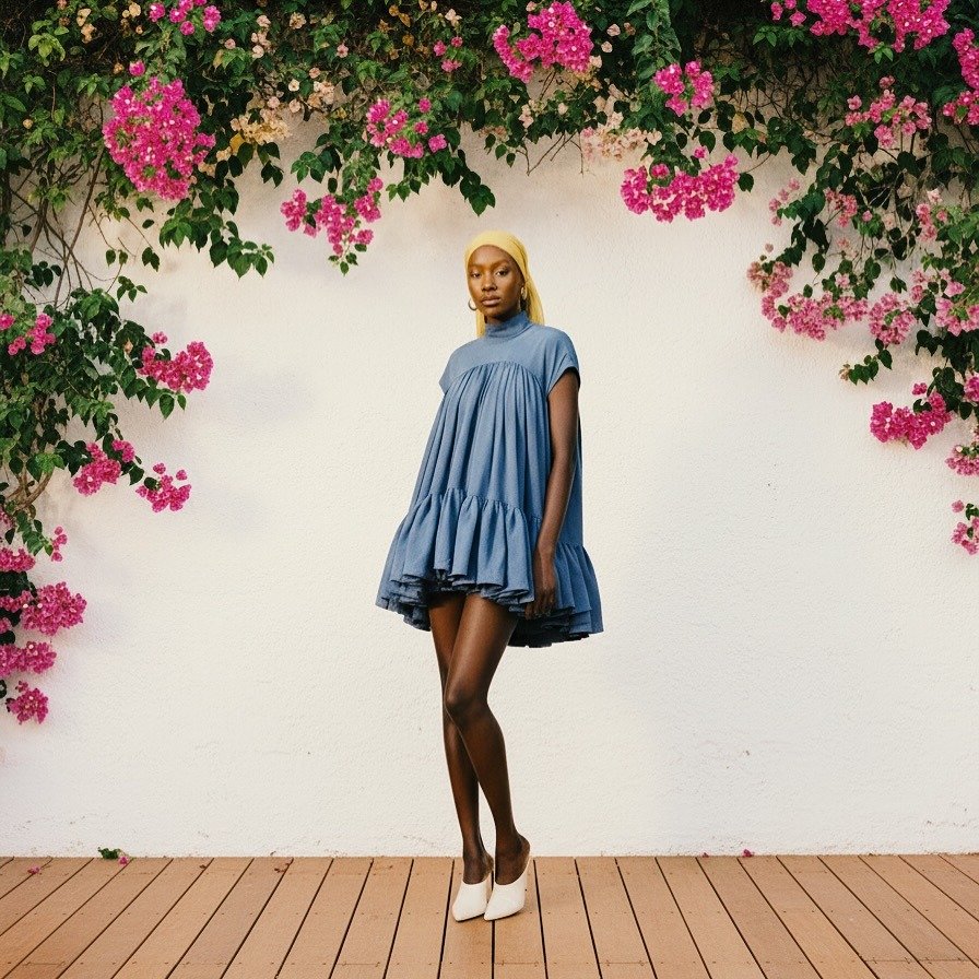 Robe volantée bleue sous les bougainvilliers